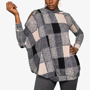 Checker Cold Shoulder Tunic Sweater Dress